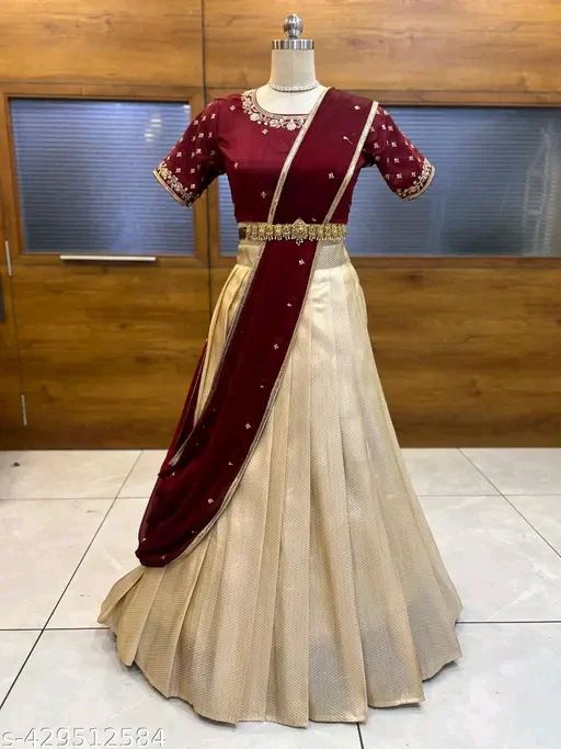 Soft Silk South Indian Half Saree with Embroidery Blouse & Rangoli Dupatta#